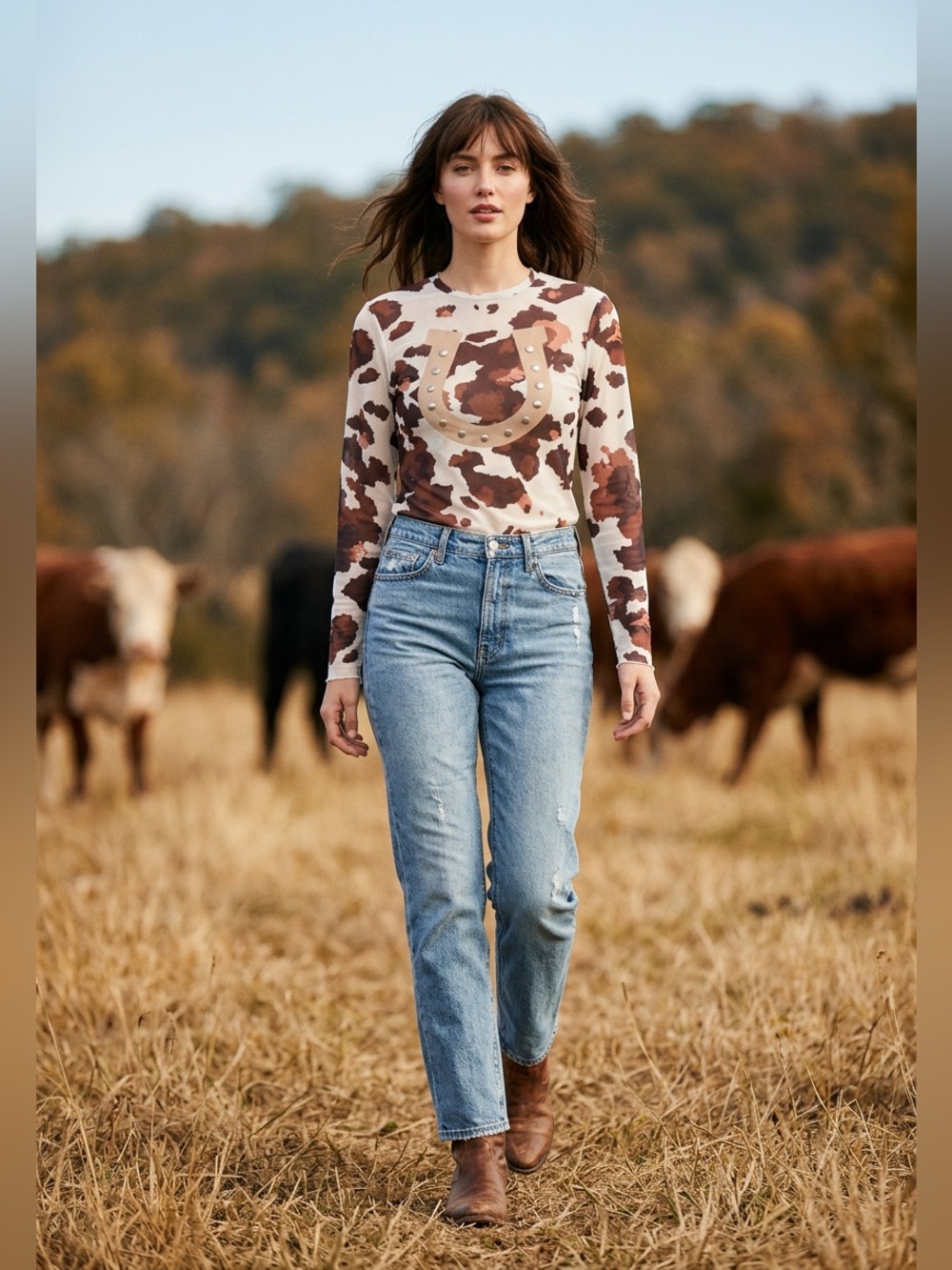 NWT DAVI & DANI Brown White Cow Camo Long Sleeve Mesh Top Studded Horseshoe